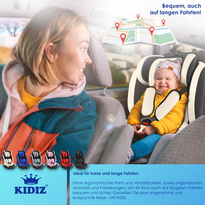 KIDIZ® Autokindersitz Kinderautositz Gruppe 1+2+3 9-36 kg 5-Punkt-Sicherheitsgurt, Autositz, Kindersitz, Einstellbare Kopfstütze, Mitwachsende Sitzerhöhung 1-12 Jahre, Stabil und Sicher