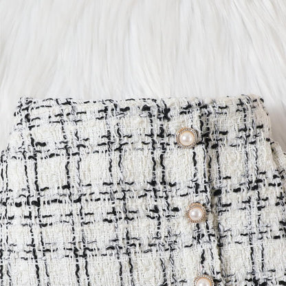 UUAISSO Kleinkind Baby Mädchen Kleidung Langarm Gerippte Oberteile Plaid Tweed Muster Rock Baskenmütze Herbst Knopf Outfits Sets