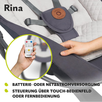 LIONELO Rina Baby Rocker and Deck Chair 2-in-1, Remote Control, 360° Rotating Seat, Two Swing Directions, 5 Swing Speeds, Locking, Backrest Adjustment, Timer, 12 Melodies