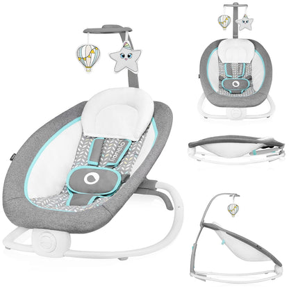 LIONELO Pascal Baby Wippe, sanfte Vibrationen, 5 Melodien, Spielzeugkarussell mit interaktiven Plüschtieren, Kopfkissen, verstellbare Rückenlehne, Energiesparsystem (GREY SCANDI)