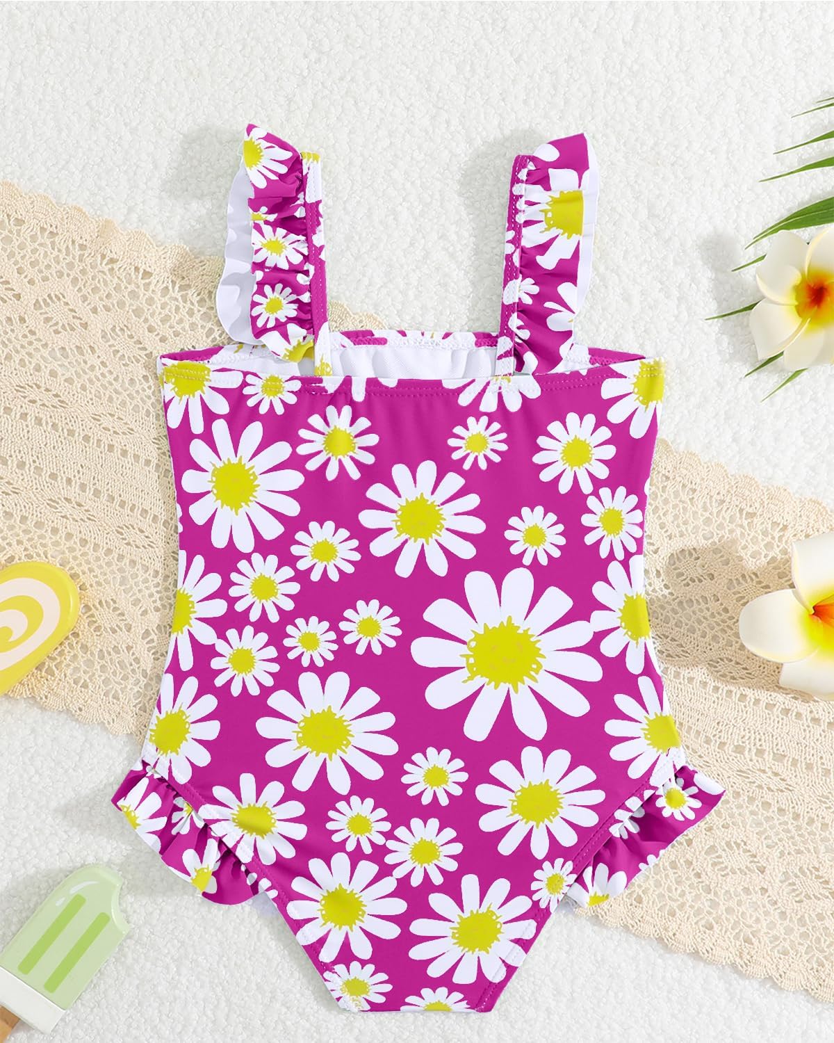 JiAmy Einteiliger Mädchen Badeanzug Blumenmuster Rüschen Elastischen Trägern Ärmellos Kleinkinder Schwimmkleidung für 2–7 Jahre/92-122