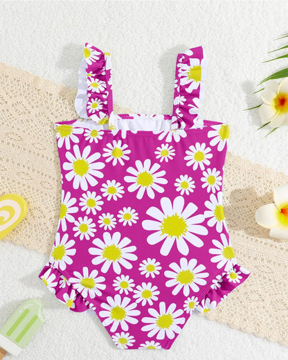 JiAmy Einteiliger Mädchen Badeanzug Blumenmuster Rüschen Elastischen Trägern Ärmellos Kleinkinder Schwimmkleidung für 2–7 Jahre/92-122