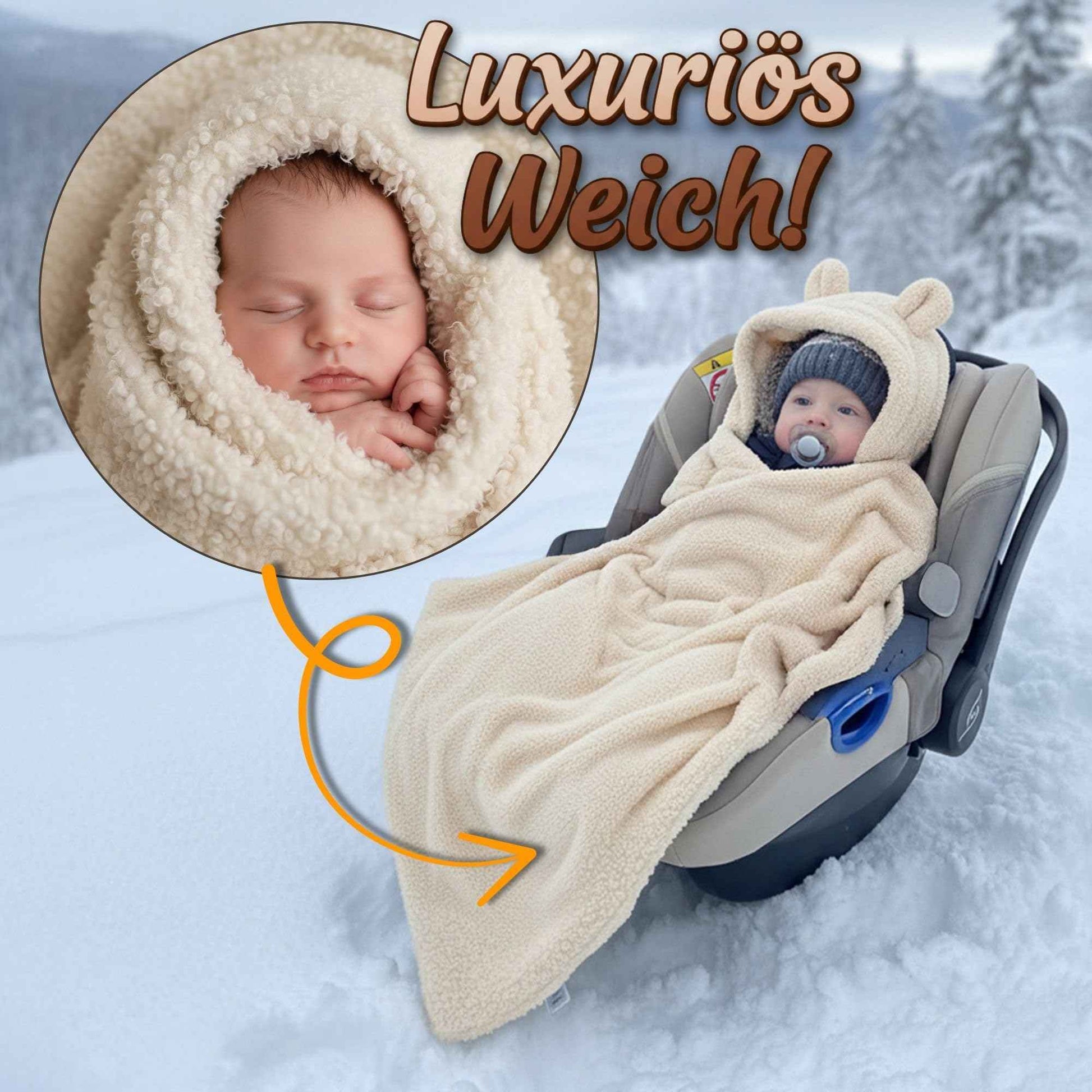 Kuschelige Boucle Einschlagdecke für Babyschale & Kinderwagen – warme Babydecke beidseitig mit Kapuze für Neugeborene – Premium Teddy für den Winter 90×90 cm Hellgrau