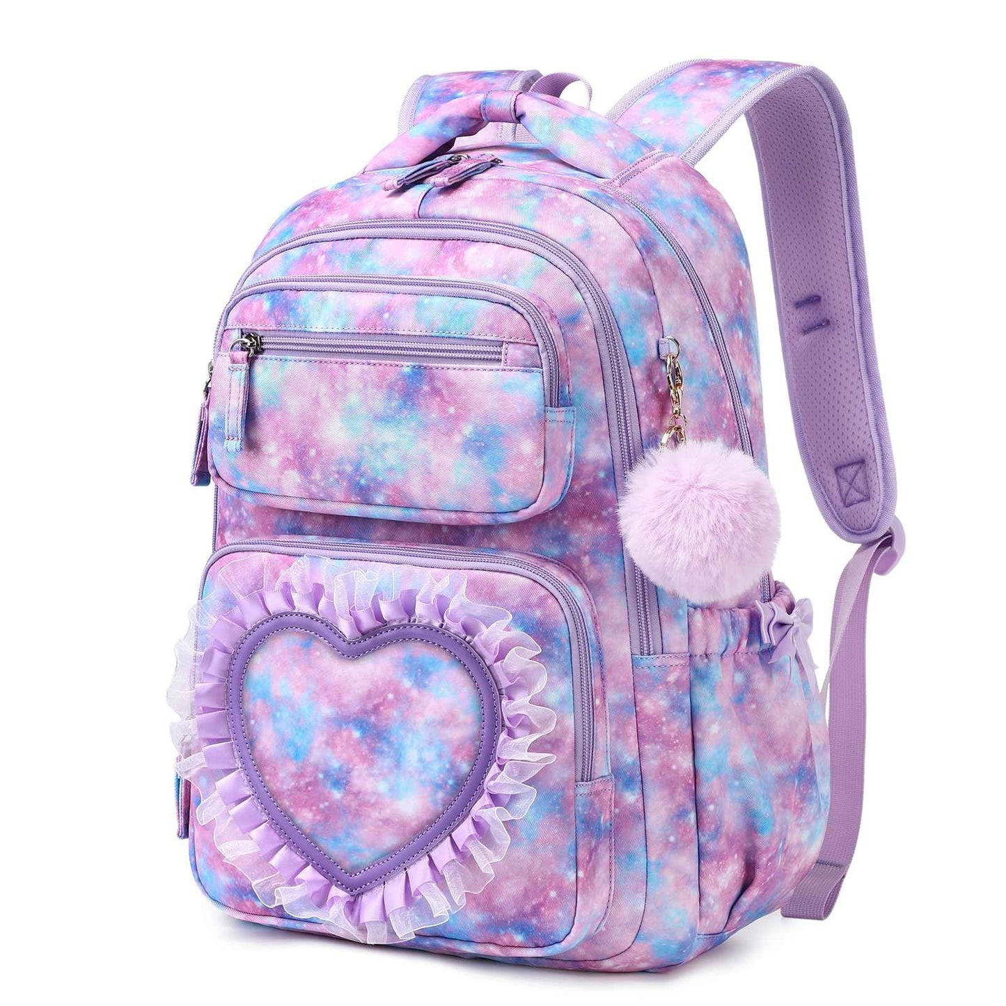 Schulrucksack Mädchen Herzdesign 22L mit Gepäckgurt für Schule | Spitze & Schleifendetails, Ergonomische 3D-Rückenpolsterung, wasserabweisendes Polyester, zahlreiche getrennte Fächer