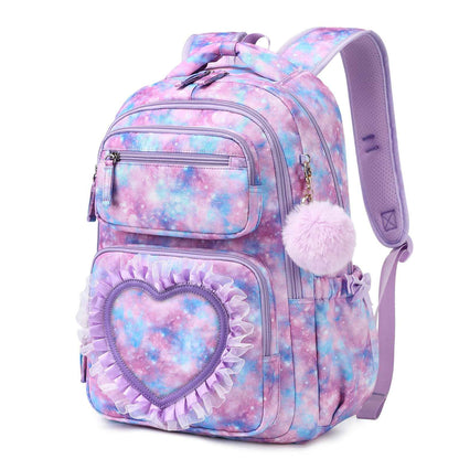Schulrucksack Mädchen Herzdesign 22L mit Gepäckgurt für Schule | Spitze & Schleifendetails, Ergonomische 3D-Rückenpolsterung, wasserabweisendes Polyester, zahlreiche getrennte Fächer