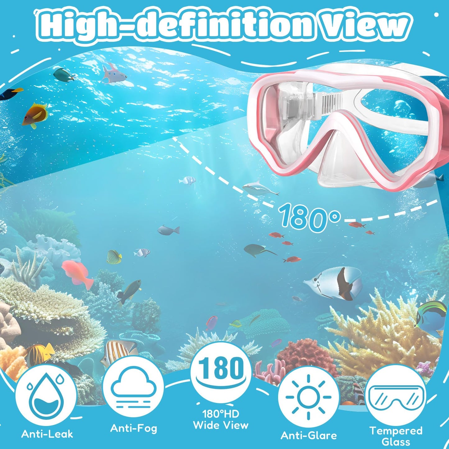 NLMWTI Children's Snorkel Set with 180° Panorama HD Vision, Anti-Fog & Anti-Leakage, Durable Safety Glass, Adjustable Side Straps