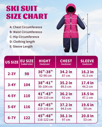 Owntop Children's Unisex Snow Suit Girls Boys Windproof Waterproof Ski Suit with Hood Zip 98-122