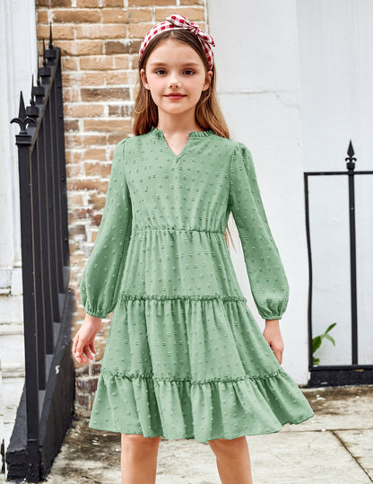 Arshiner Dress Girls Festive Flounce V-Neck Long Sleeve Dress Swiss Dot Chiffon Dress Children Tiered Dress A-Line Party Dress Wedding Princess Dress Swing Skater Dress 5-12 Years 
