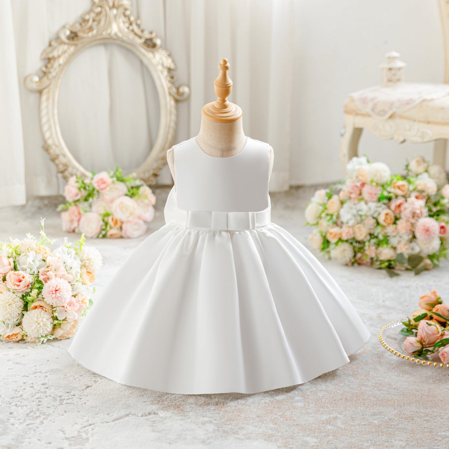Baby Mädchen Kleid Satin Bowknot A-Linie Taufe Kleid Ärmellos Kleinkind Prinzessin Geburtstag Kleider Kinder Hochzeit Blumenmädchen Kleid Festliche Party Kleid