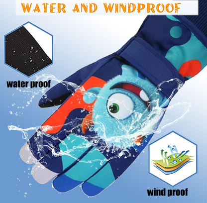 HNGEMSY Children's Winter Snow Gloves Ski Gloves for 2-13 Years Girls Boys PU Palm Waterproof Windproof Warm Fleece Winter Gloves