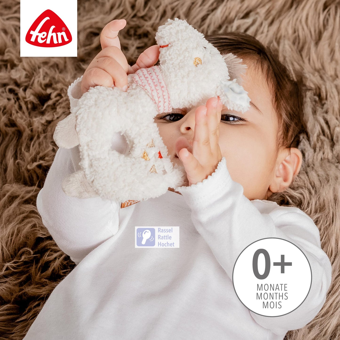 Fehn Baby Ring Greifling Lama - Kuscheltier Babyspielzeug mit Rassel - Motorikspielzeug für das spielerische Lernen - Plüschtier als Einschlafhilfe - Spielzeug für Babys & Kleinkinder ab 0+ Monaten