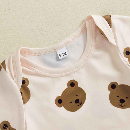 Newborn Baby Bear Print Romper Short Sleeve Long Pants Hat Shoes Set of 4