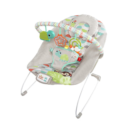 Bright Starts, Babywippe Babyschaukel Happy Safari mit beruhigenden Vibrationen & 7 Melodien, abnehmbarer Kopfstütze und Spielbogen mit 3 Spielzeugen, Lautstärkeregeler, ab der Geburt bis 9kg