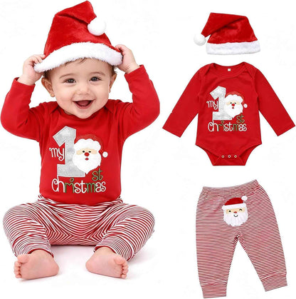 DaceStar Baby Christmas Outfit Boy Girl My First Christmas Outfit Baby Christmas Outfit Christmas Baby Clothing Newborn Set Christmas Clothes Santa Romper + Trousers + Hat 0-18 Months