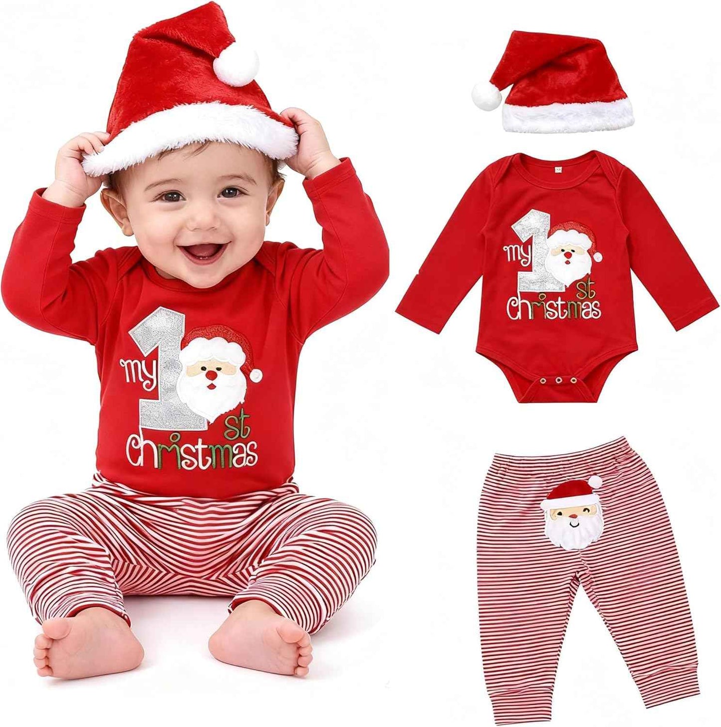 DaceStar Baby Christmas Outfit Boy Girl My First Christmas Outfit Baby Christmas Outfit Christmas Baby Clothing Newborn Set Christmas Clothes Santa Romper + Trousers + Hat 0-18 Months