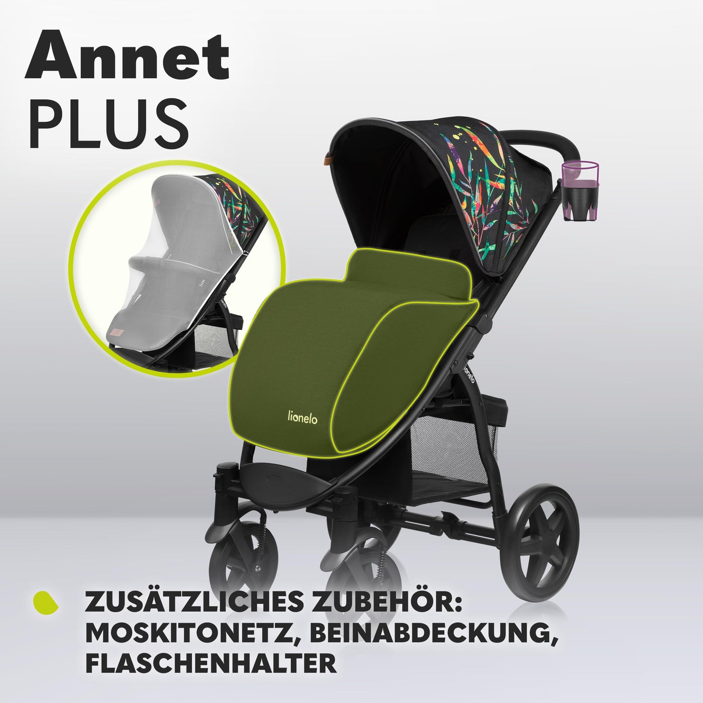 LIONELO Annet Plus Buggy up to 22 kg with Reclining Function, Small Folding Pushchair with Accessories, EVA Foam Wheels, Mosquito Net, Foot Cover Drink Holder, Basket Dreamin