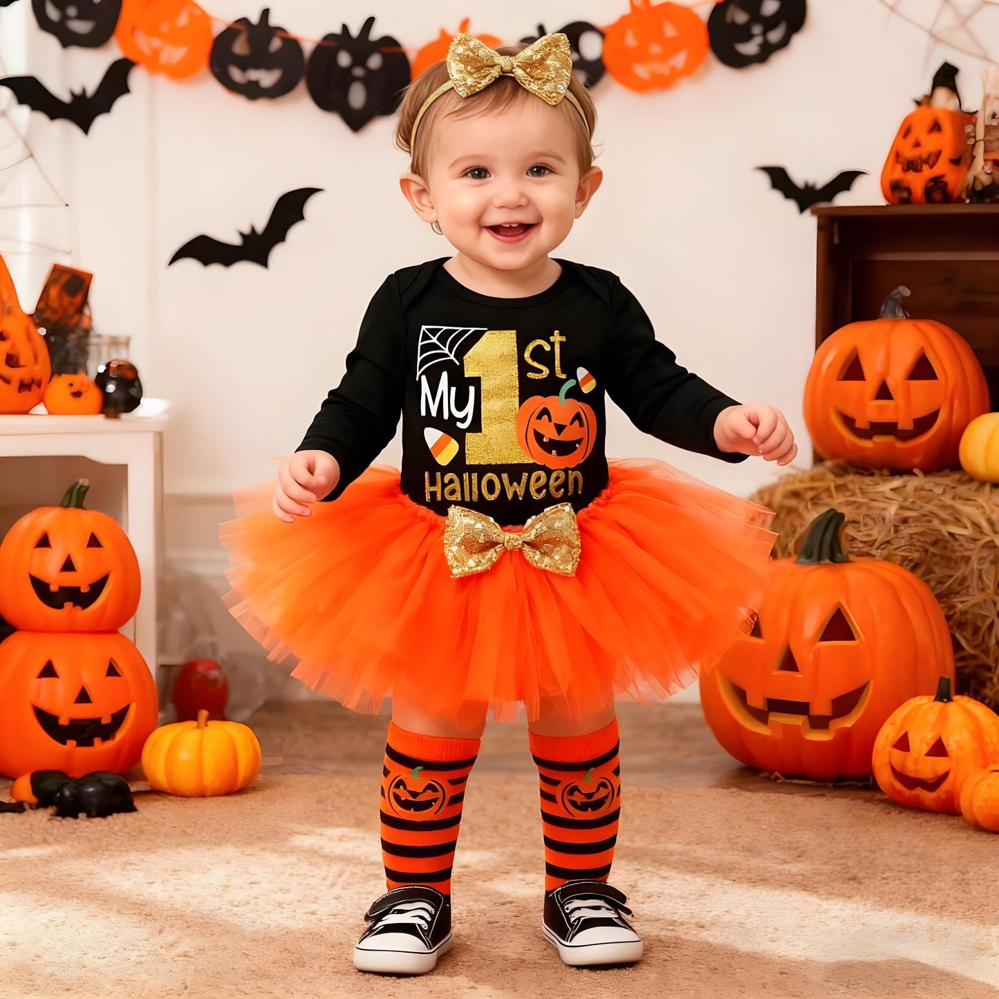 Baby Girl Halloween Outfit, My First Halloween Baby Girl Clothing, Halloween Outfit Baby, Newborn Halloween Baby Pumpkin Romper + Tutu Skirt + Leg Warmer + Headband, Baby Clothing Halloween