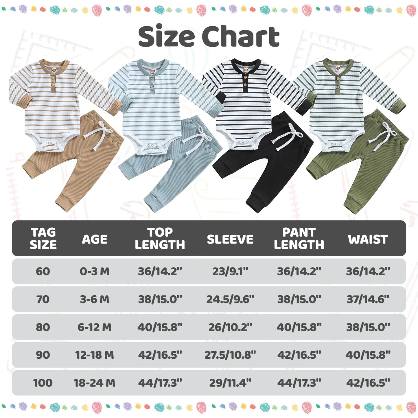 JiAmy Baby Boys' Clothing Long Sleeve Striped Bodysuit Romper + Trousers Outfit Set Newborn Soft Cotton Baby Clothing 0-24 Months