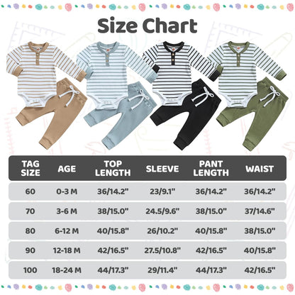 JiAmy Baby Boys' Clothing Long Sleeve Striped Bodysuit Romper + Trousers Outfit Set Newborn Soft Cotton Baby Clothing 0-24 Months
