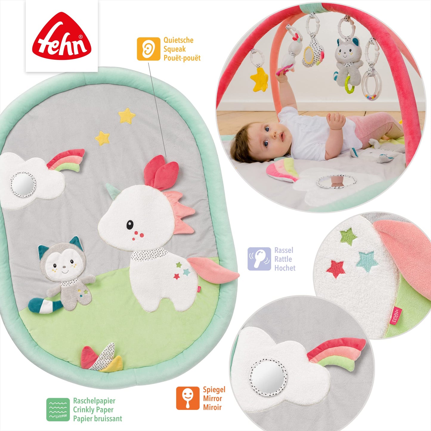 Fehn 3-D-Activity-Decke Spielbogen Peru – Baby Krabbeldecke mit 5 abnehmbaren Spielzeugen zum Greifen – Spieldecke für Babys und Kinder ab 0+ Monaten – Krabbelmatte als Geschenk zur Geburt