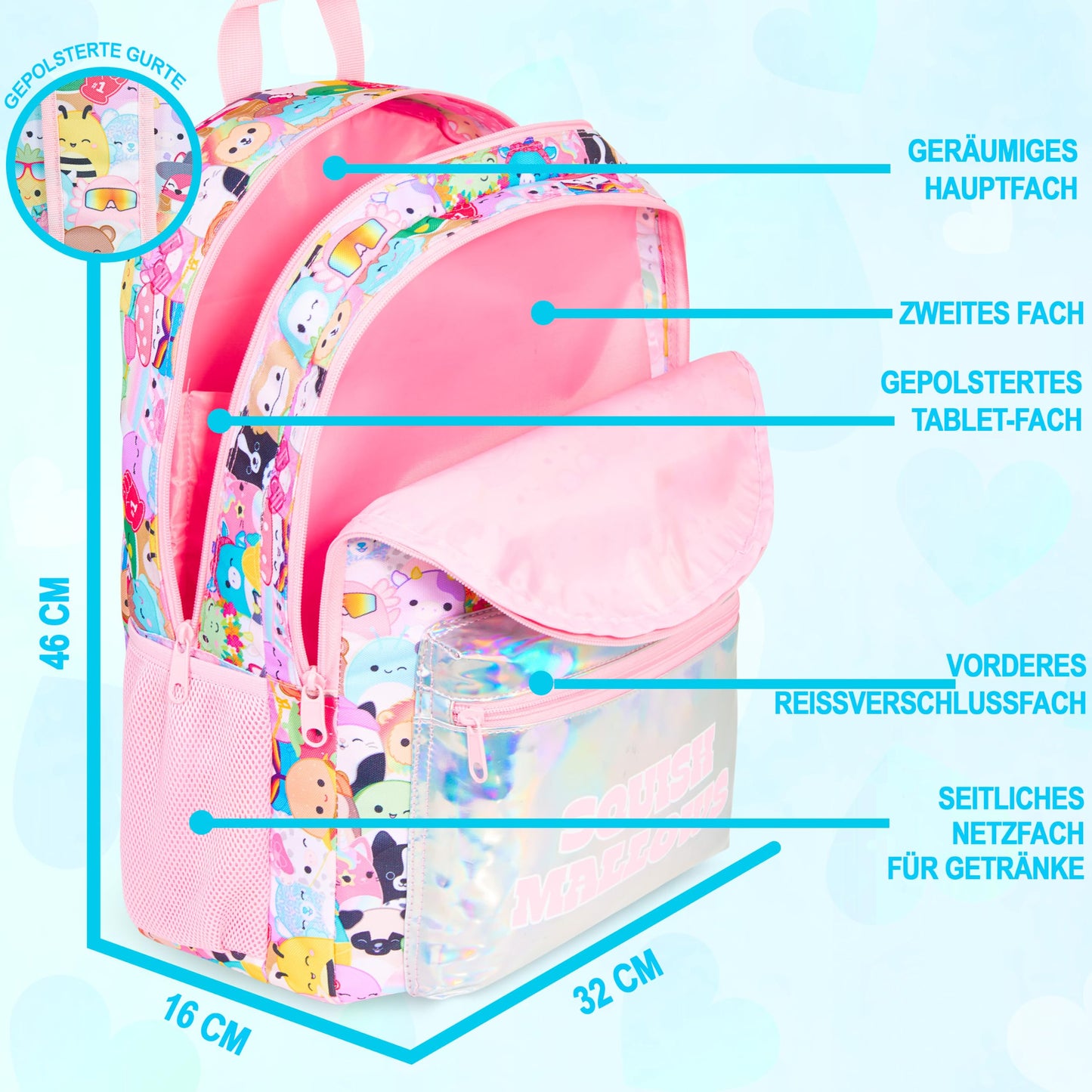 Rucksack Mädchen, Verstellbarer Reisetasche für Schule und Reise, Gepolsterte Schulrucksack mit Zwei Schlüsselanhänger, Geschenke für Kinder (Multi Squishmallows)
