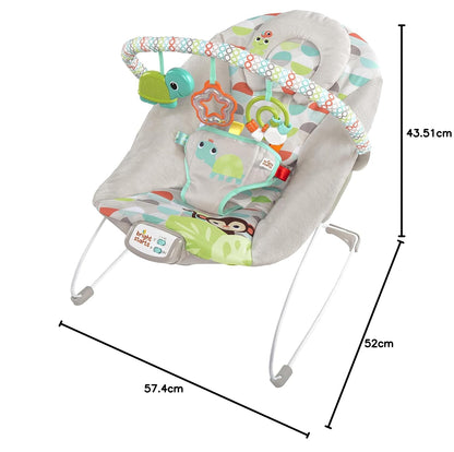 Bright Starts, Babywippe Babyschaukel Happy Safari mit beruhigenden Vibrationen & 7 Melodien, abnehmbarer Kopfstütze und Spielbogen mit 3 Spielzeugen, Lautstärkeregeler, ab der Geburt bis 9kg