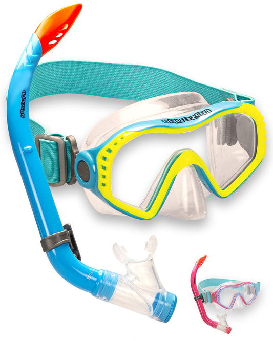 AQUAZON Starfish Kinder Schnorchelset - Taucherbrille mit extra komfortablem Textil Kopfband - 7-12 Jahre - inkl. Schnorchel, superklares temperiertes Glas