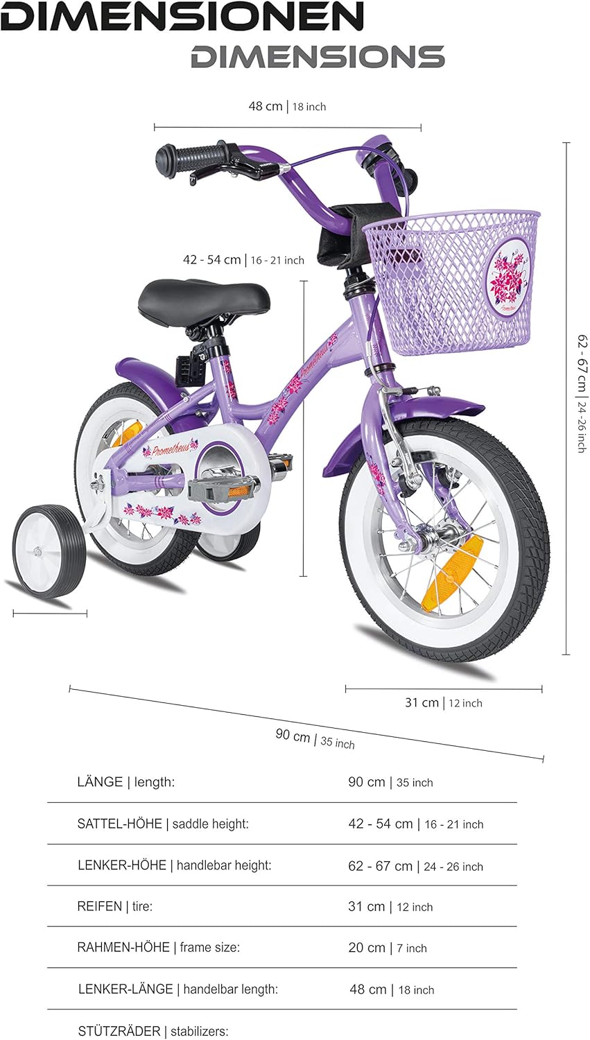 PROMETHEUS BICYCLES Kinderfahrrad ab 3 Jahren - Mädchenfahrrad 12 Zoll Kinder Fahrrad Mädchen Fahrrad Kinder mit Stützräder Rücktrittbremse in Violett Lila - Meloni2