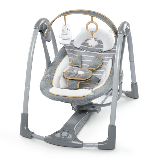 Ingenuity Hugs & Hoots zusammenklappbare & tragbare Babyschaukel, 5 Schaukelgeschwindigkeiten, 8 Melodien, 3 Naturgeräusche, Lautstärkeregulierung und Spielzeugbügel, ab der Geburt bis 9kg