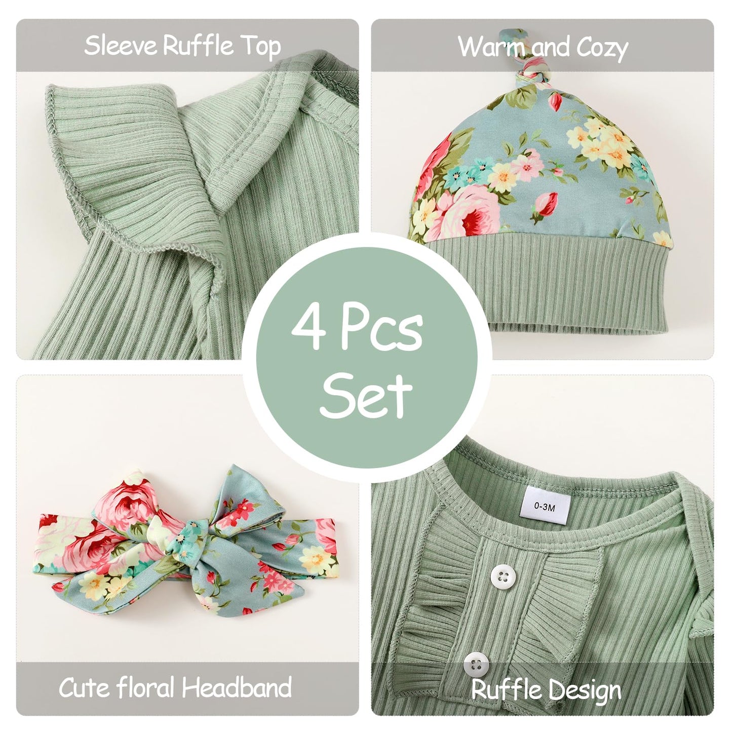 Neugeborenes Baby Mädchen Kleidung Kleinkind Gerippte Rüschen Langarm Strampler + Floral Hosen + Stirnband Nette Herbst Outfit Set