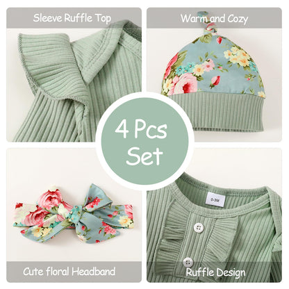 Neugeborenes Baby Mädchen Kleidung Kleinkind Gerippte Rüschen Langarm Strampler + Floral Hosen + Stirnband Nette Herbst Outfit Set