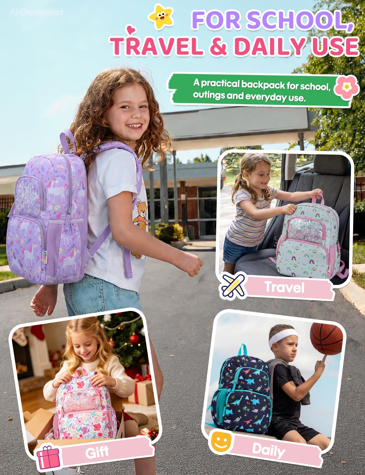 Kinderrucksack für Mädchen 5–8 Jahre, 12L Leichter & Wasserabweisender mit Brustgurt, Perfekt für Vorschule & Grundschule，Regenbogen
