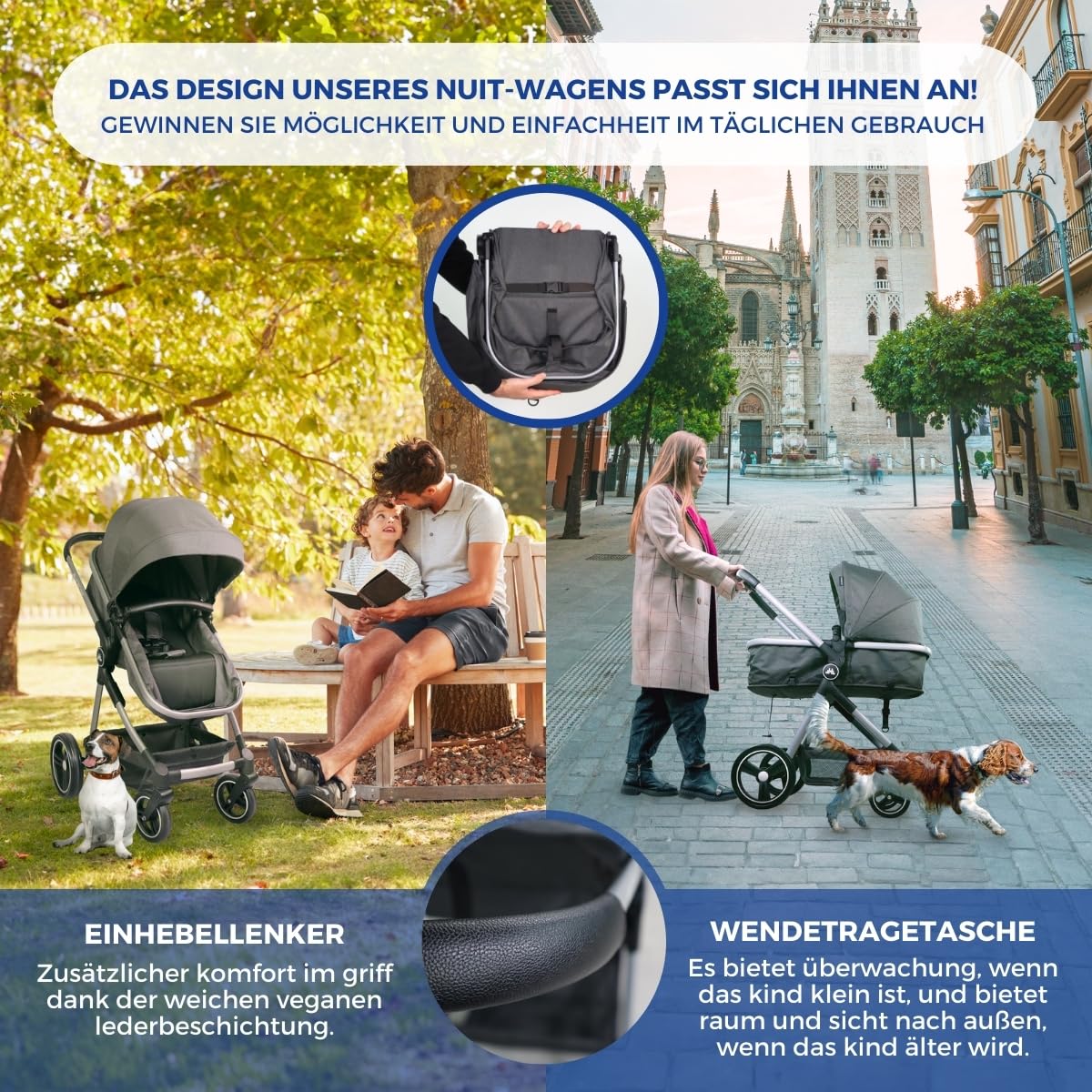 Mobiclinic® kids, Kinderwagen + babywanne, 2 in 1, Nuit, Ultrakompakt, 5-punkt-gurtsystem, 22 kg, Einhandbedienung, Verstellbar, Verstellbare rückenlehne, Motorhaube, Korb, Fußbremse, Wendbar