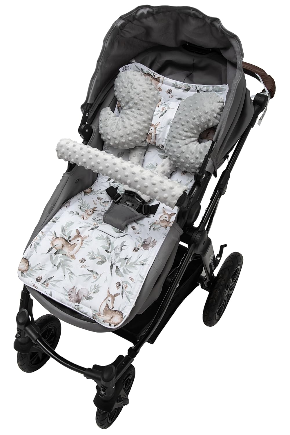 Sitzauflage Kinderwagen Buggy Baby Sommer Kindersitz Einlage Universal - 5tgl Gurtpolster + Spielbogen Kinderwagenset Babyschale (Safari mit beige Minky)