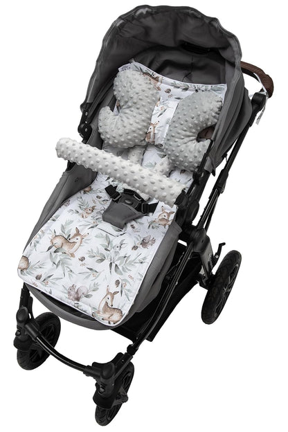 Sitzauflage Kinderwagen Buggy Baby Sommer Kindersitz Einlage Universal - 5tgl Gurtpolster + Spielbogen Kinderwagenset Babyschale (Safari mit beige Minky)