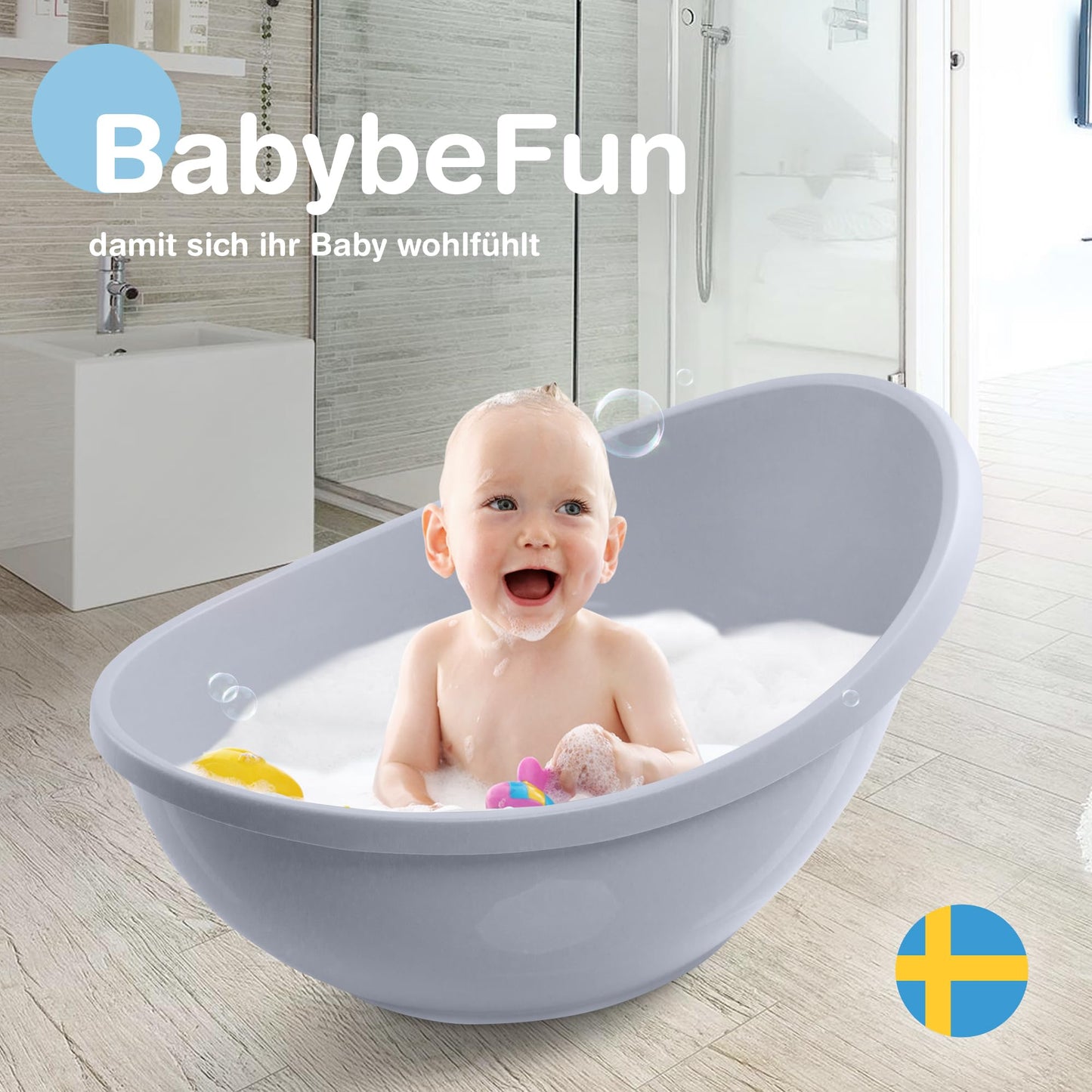 BabybeFun Baby Badewanne mit Badewanneneinsatz für Neugeborene [Testsieger] Rutschfeste Babybadewanne für Babys und Kleinkinder [0-12 Monate] Babywanne für Dusche Badewanne Weiß