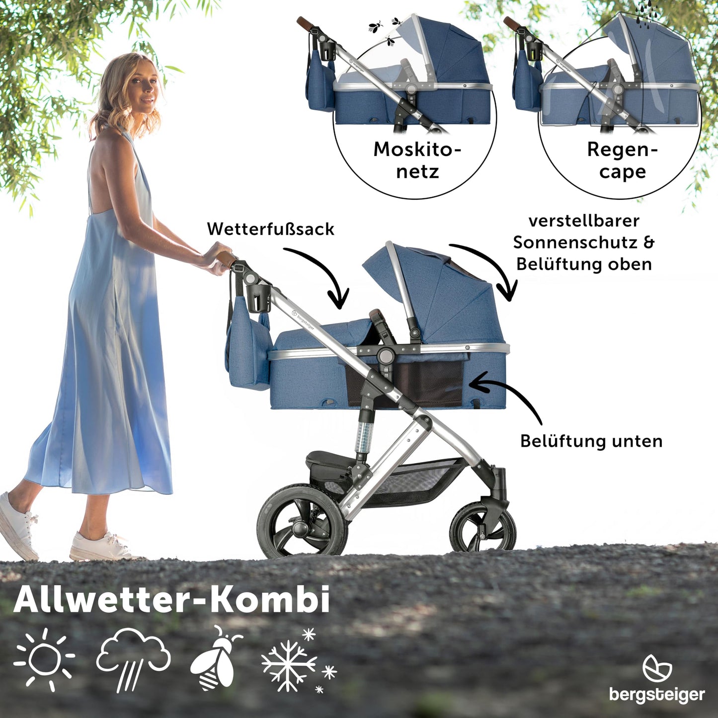 Bergsteiger Nizza 3 in 1 Kinderwagen, Kombikinderwagen Komplettset, Auto-Babyschale & Isofix Station, Babywanne & Buggy Sportsitz inklusive