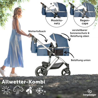 Bergsteiger Nizza 3 in 1 Kinderwagen, Kombikinderwagen Komplettset, Auto-Babyschale & Isofix Station, Babywanne & Buggy Sportsitz inklusive