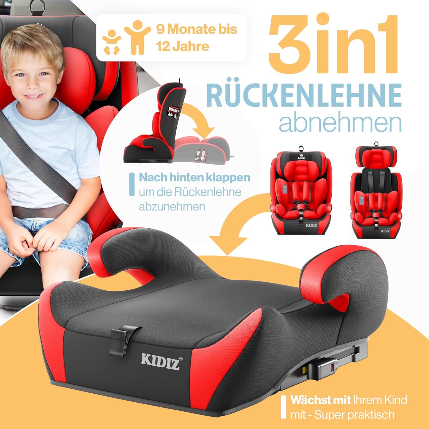 Autokindersitz mit Isofix i-Size R129 100-150cm bis 12 Jahre, Kinderautositz Gruppe 1/2/3, mitwachsender Kindersitz, 5-Punkt-Gurt & höhenverstellbare Kopfstütze, Sitzerhöhung Auto, Schwarz