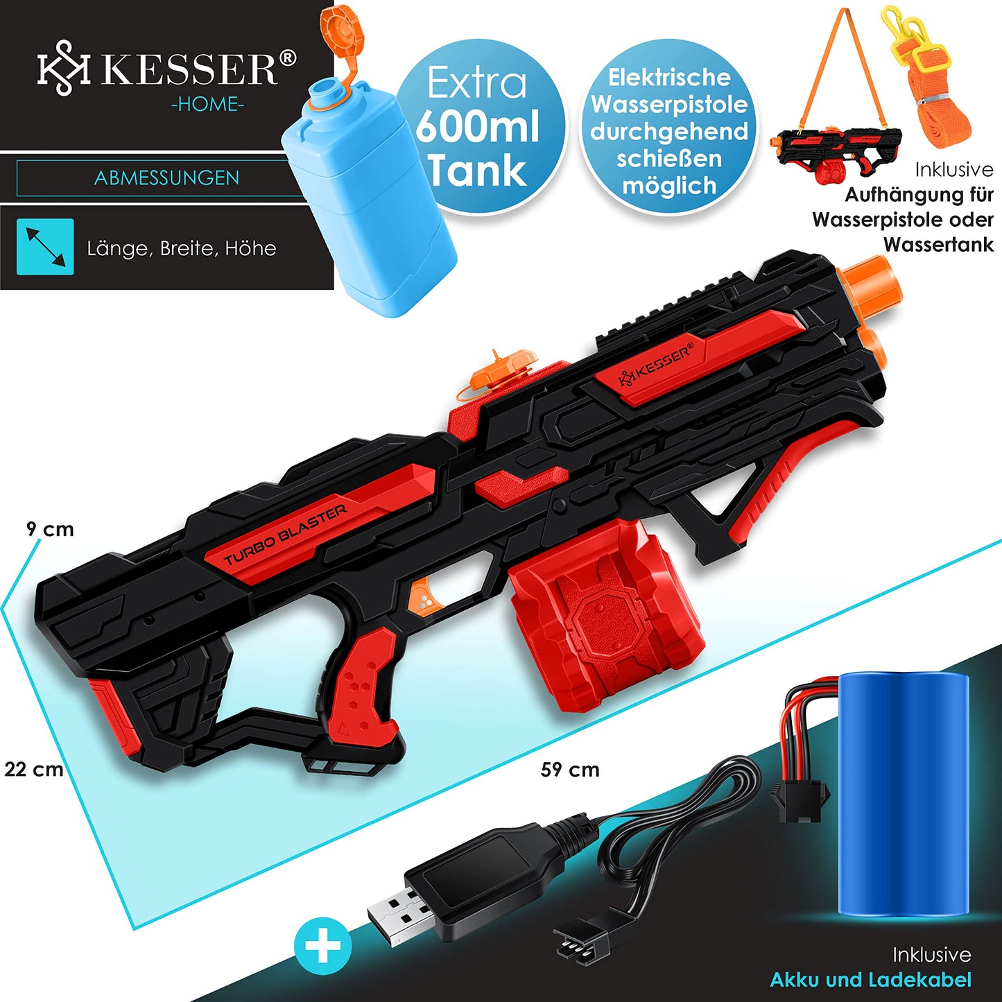 KESSER® Wasserpistole Elektrisch mit Akku Spritzpistolen 1000 ml große Wasserspritzpistole für Kinder und Erwachsene, 8m Reichweite, Wasserspielzeug inkl. Akku, Ladekabel & Extra-Tank Rot/Schwarz