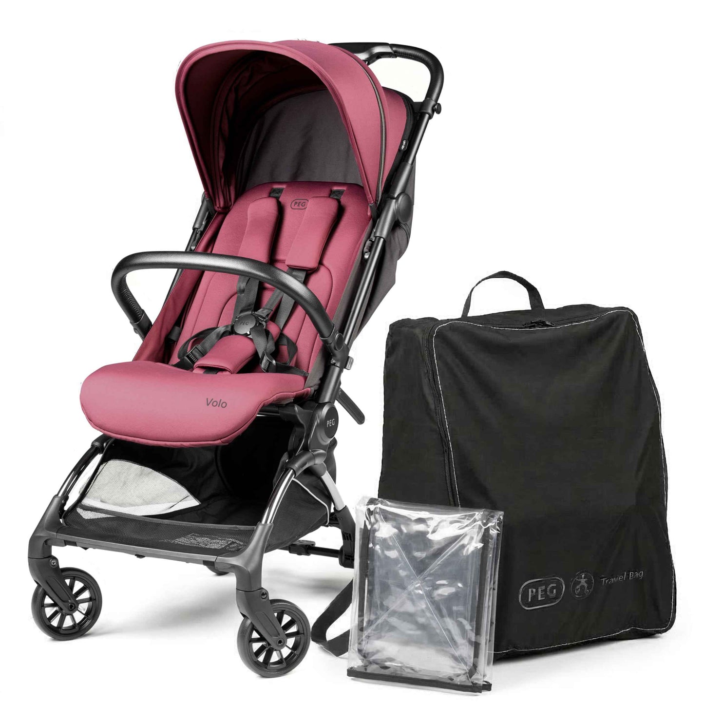 PEG Leichter Buggy Volo mit Regenschutz, Handgepäckgröße, Flugzeuggeeignet, Kompakt, Ab Geburt bis 22 kg, Reisetasche Inklusive, Malva