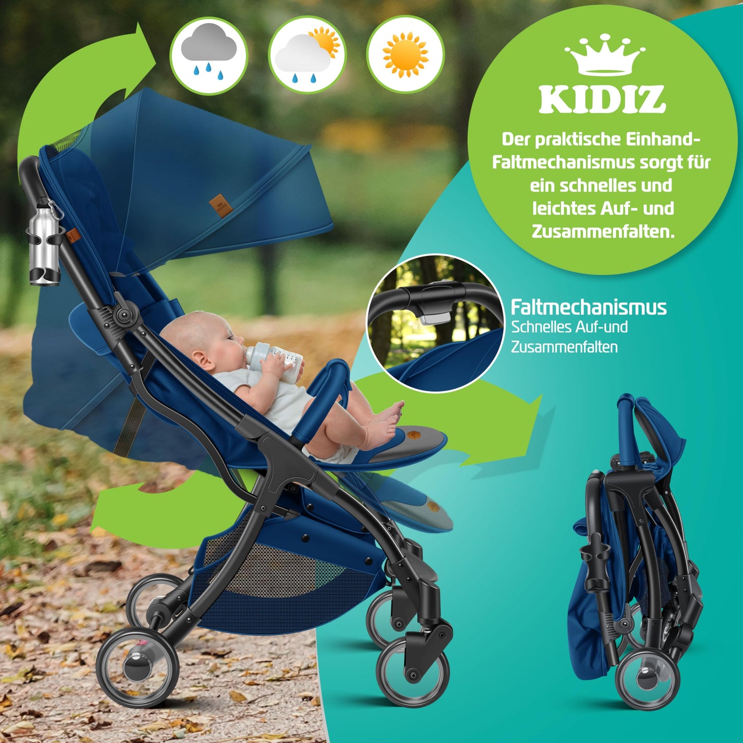 KIDIZ® Folding Pushchair, Sports Pram, 360° Wheels, 5-Point Harness, incl. Drinks Holder, Rain Cover, Adjustable Backrest and Sun Canopy, Red