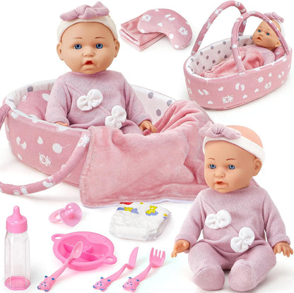 vamei Puppenzubehör Puppen Zubehör mit Puppenbett Puppenwindeln für 36cm Puppen, Tragbares , Geschenk für Mädchen Junge ab 3 Jahren, Rollenspiel Spielzeug