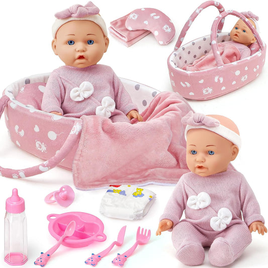 vamei Puppenzubehör Puppen Zubehör mit Puppenbett Puppenwindeln für 36cm Puppen, Tragbares , Geschenk für Mädchen Junge ab 3 Jahren, Rollenspiel Spielzeug