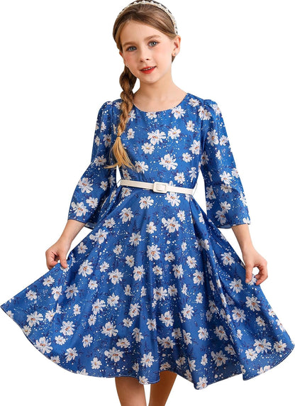 BONNY BILLY Mädchen Kleider Vintage Blumen Festlich Hochzeit Elegant Kinder Kleid mit Gürtel