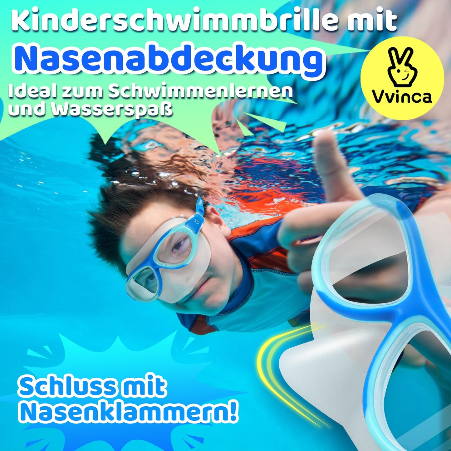 Vvinca Swimming Goggles for Kids with Nose Guard and Fabric Strap, Shatterproof, Anti-Fog and Waterproof for Children 3-14 Years