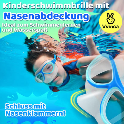 Vvinca Swimming Goggles for Kids with Nose Guard and Fabric Strap, Shatterproof, Anti-Fog and Waterproof for Children 3-14 Years