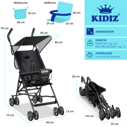 KIDIZ® City Buggy Foldable 360° 4 Inch Wheels Including Sun and Rain Cover Foldable 5-Point Safety Belt from 6 Months Anthracite - Meloni2
