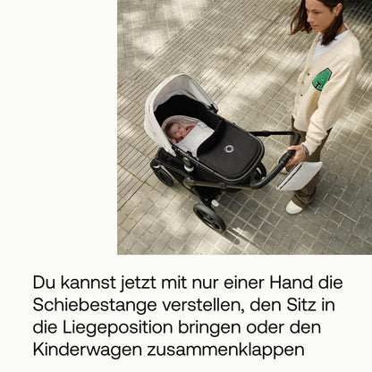 Bugaboo Fox 5, 2-in-1 Kinderwagen für jedes Gelände, mit Liegewanne und ausziehbarem Kleinkindsitz, einfach zu manövrieren und Ein-Hand Faltung, Fahrgestell in Schwarz und Sonnendach in Forest Green