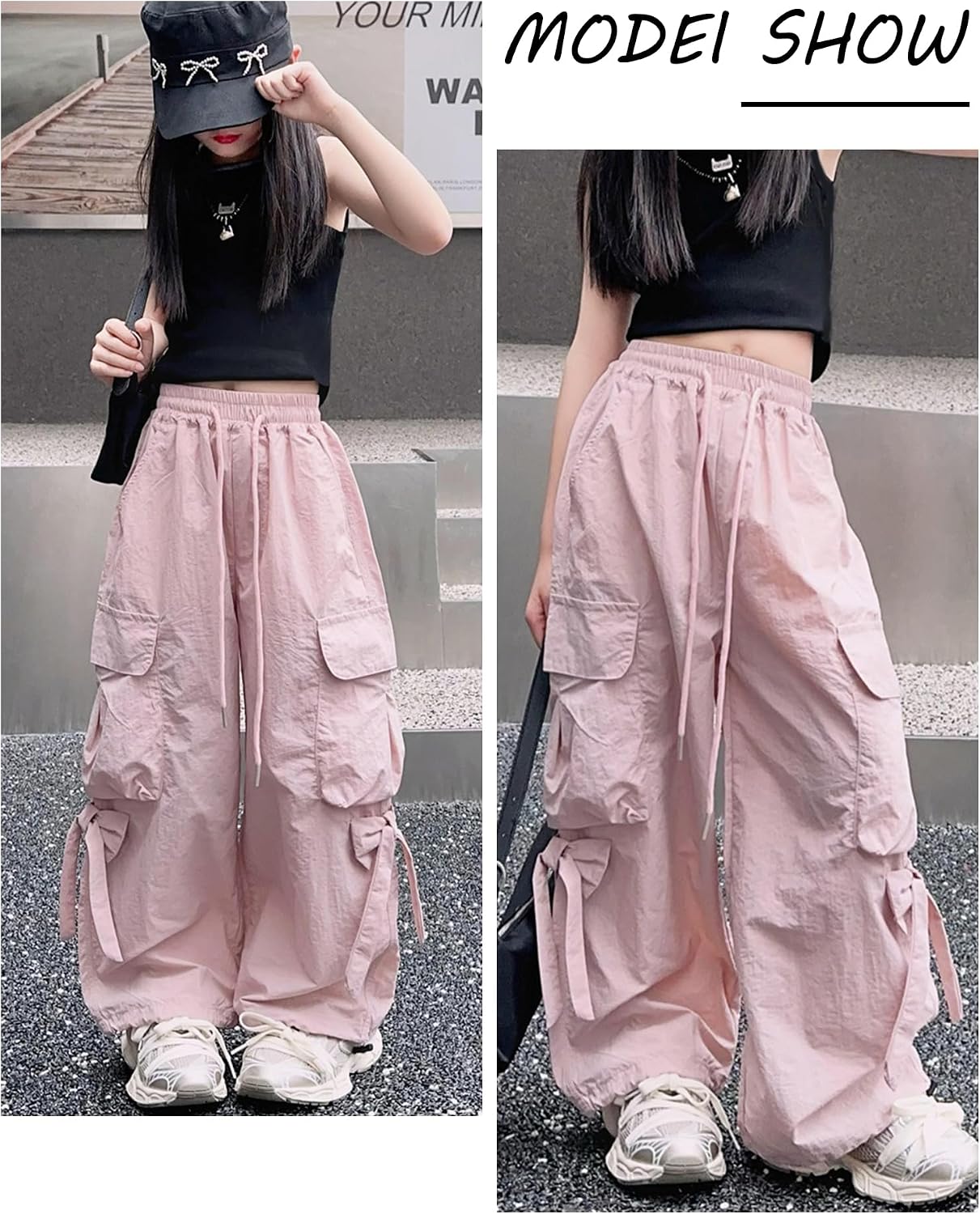 Cargo Hose Mädchen Freizeithose Baggy Hip Hop Hose mit Gummibund Schleife Leicht Dünn Sommerhose 4 Taschen Freizeit Streetwear Kinder 5-14 Jahre